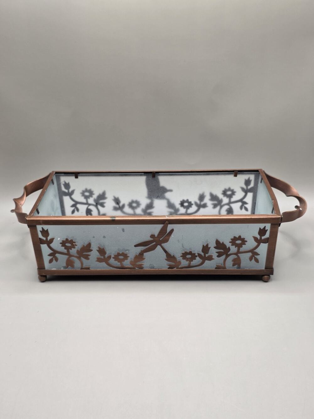 PartyLite Copper Lace Pillar Candle Holder Tray P7204 Dragonfly Flowers Frosted